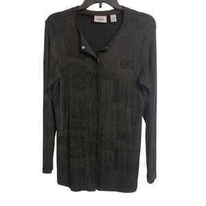 Chicos Travelers 1 Aztec Vacation Henley Blouse With‎ Snap Front In Black